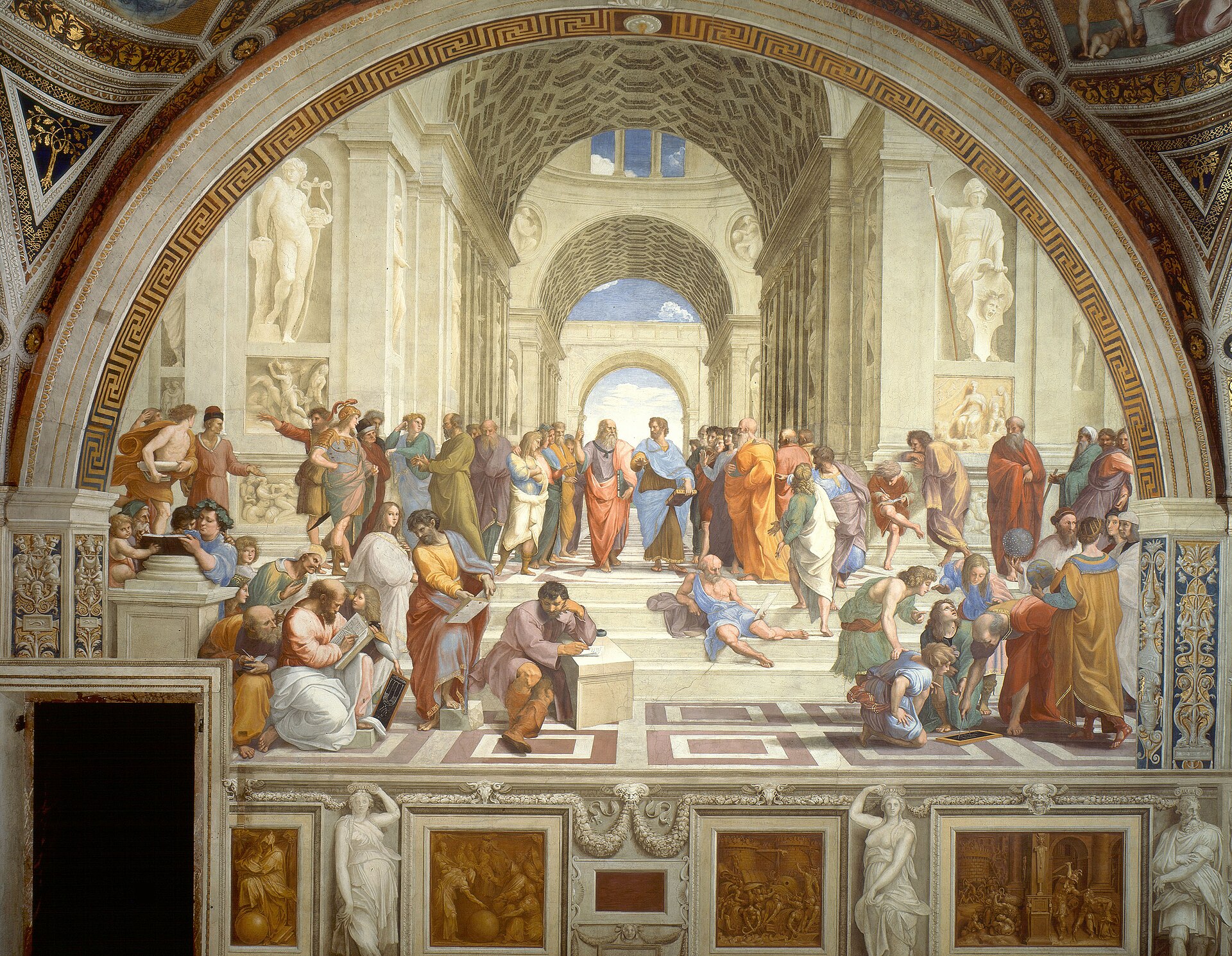The School of Athens by Raphael: philosophers gathered beneath a great arch